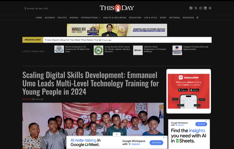 THISDAY article featuring Emmanuel Umo’s multi-level technology training programme