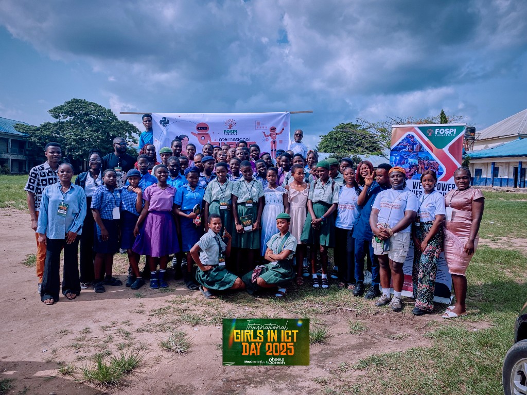 Group photo at International Girls in ICT Day 2025 with FOSPI Foundation banner